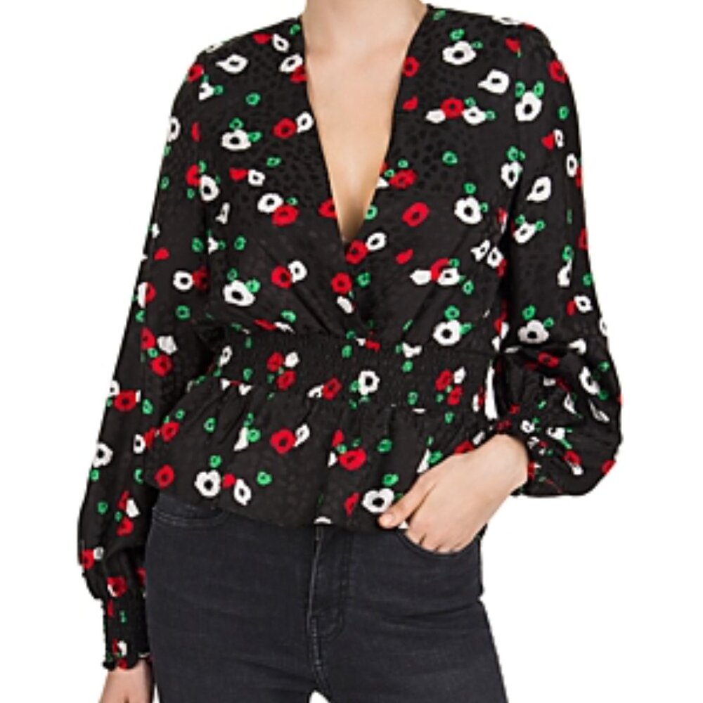 The Kooples Black Silk Blouse with Red and Green Floral Pattern